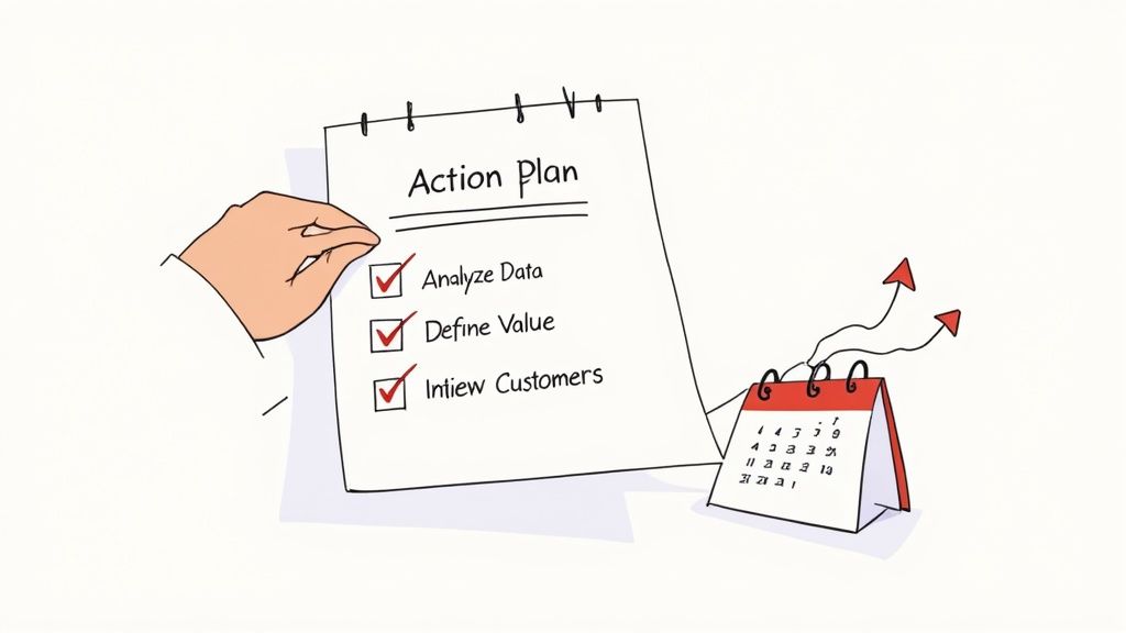 Een hand vinkt taken af op een actieplan naast een kalender met opwaartse pijlen, symboliseert vooruitgang.