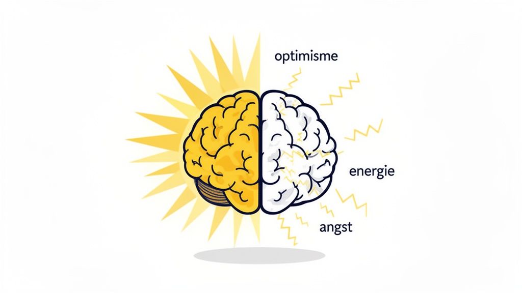 Hersenen verdeeld in een gele, stralende helft voor optimisme en een witte helft voor energie en angst.