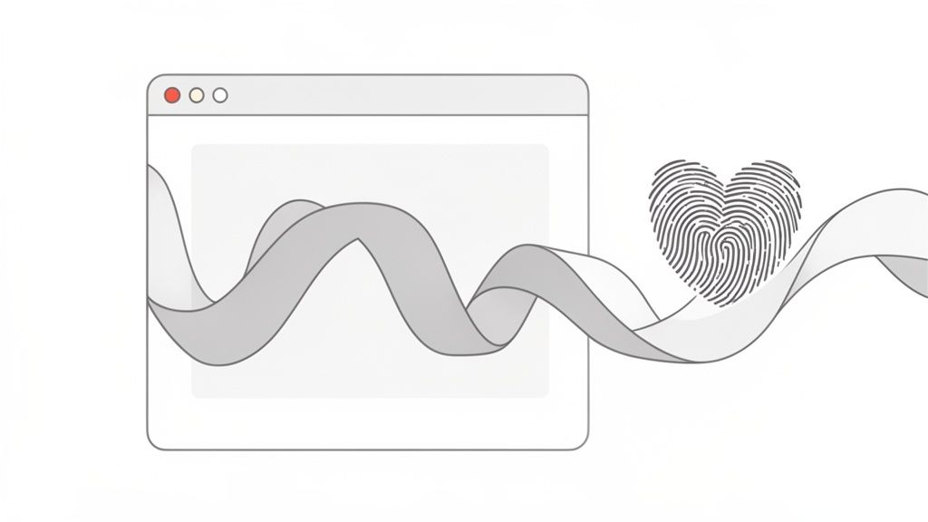 Een minimalistische afbeelding van een browservenster met een golvend lint dat een hartvormige vingerafdruk verbindt, symbolisch voor digitale identiteit.