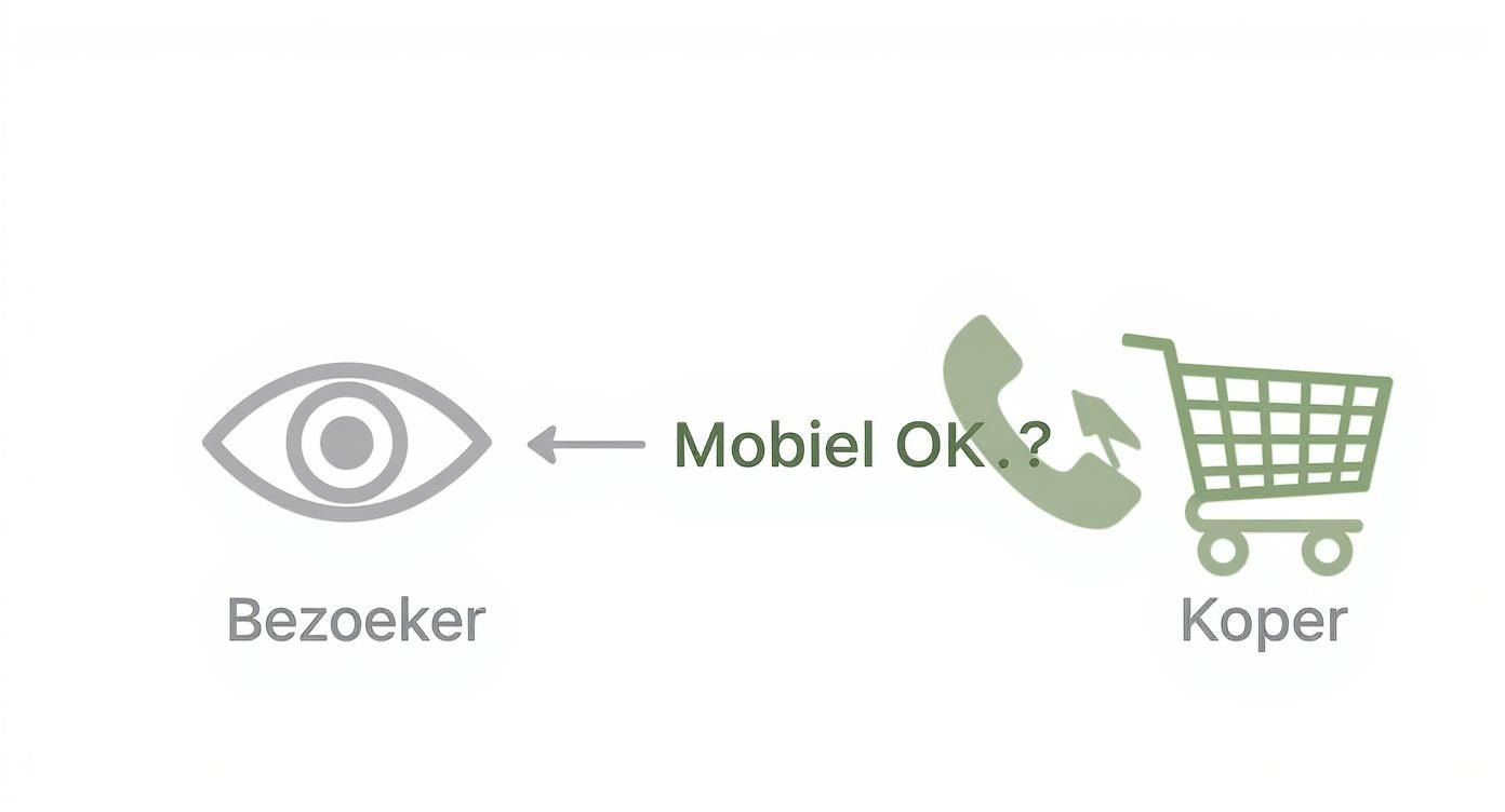 Diagram toont een bezoeker, de vraag 'Mobiel OK.?', en een koper met winkelwagentje.