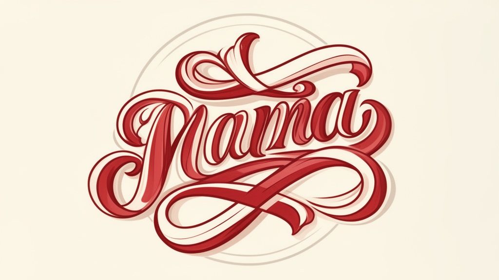 Gedetailleerde typografie van het woord 'Mama' in sierlijk rood schrift met witte accenten op een crème achtergrond.