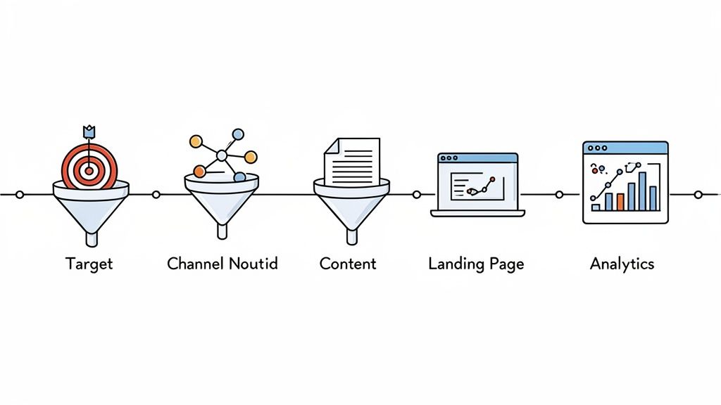 Een illustratie van een online marketing funnel proces met stappen als doelgroep, kanaal, content, landingspagina en analyses.