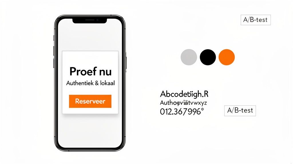 Een smartphone toont een pop-up advertentie met de tekst 'Proef nu', 'Authentiek & lokaal' en een oranje reserveerknop. Kleurpalet en lettertypevoorbeelden.