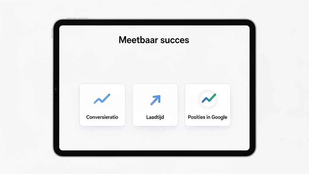 Een tablet toont 'Meetbaar succes' met drie kaarten: Conversieratio, Laadtijd en Posities in Google, elk met een grafiek.