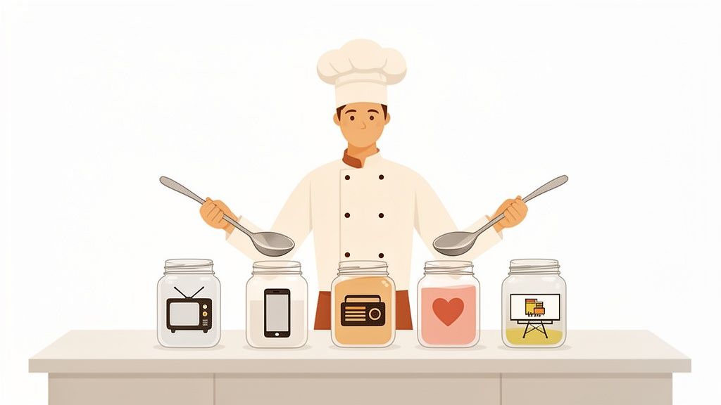 Een chef-kok combineert symbolische ingrediënten zoals tv, smartphone, radio, liefde en kunst uit glazen potten.