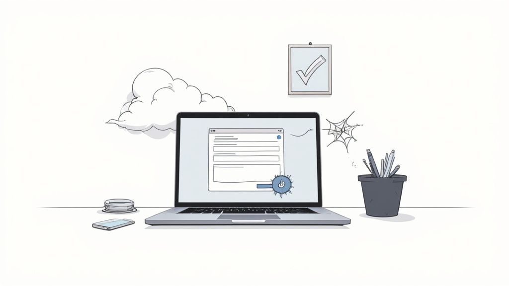 Illustratie van een laptop met een online formulier op een bureau, omringd door een cloud, checklist en kantoorartikelen.