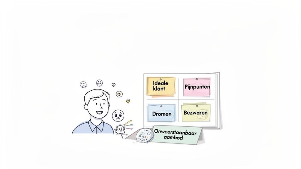 Illustratie van een lachende man met emoties, een bord met 'Ideale klant', 'Pijnpunten', 'Dromen', 'Bezwaren' en een 'Onweerstaanbaar aanbod'.