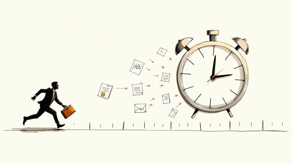 Illustration of a businessman running with a briefcase, trying to meet deadlines represented by an alarm clock and documents.