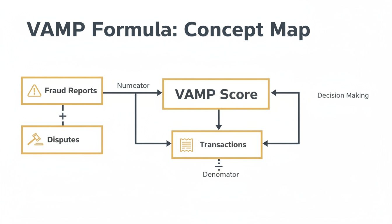 VAMP Formula concept map details fraud reports, disputes, transactions, and their relationship to VAMP score and decision making.
