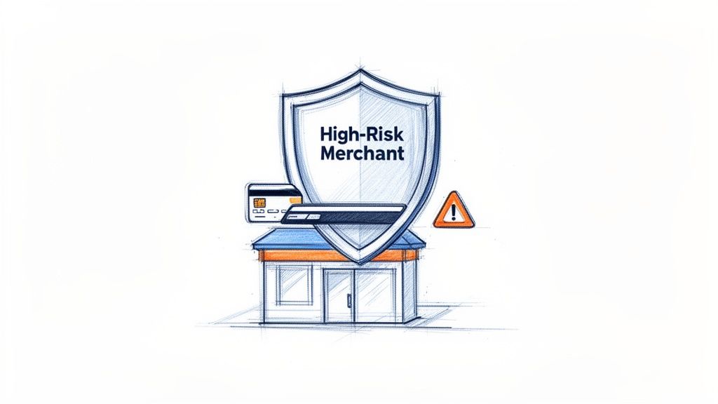 Illustration of a shield protecting a high-risk merchant store with credit card payment options and a warning sign.
