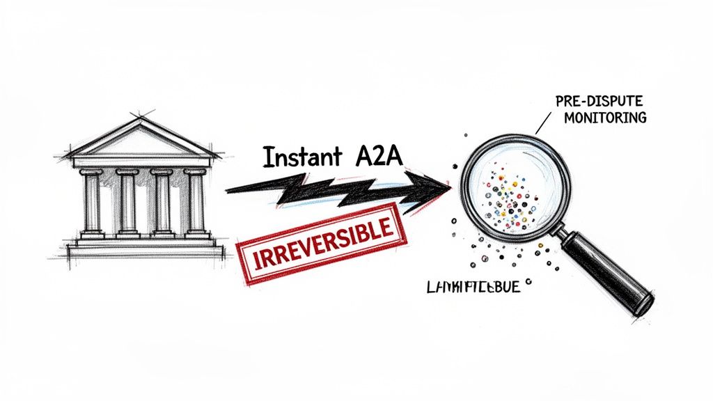 Diagram showing an irreversible Instant A2A payment from a bank to pre-dispute monitoring analysis.