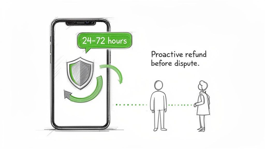 Smartphone with shield and arrows, indicating proactive refund process within 24-72 hours, preventing disputes.