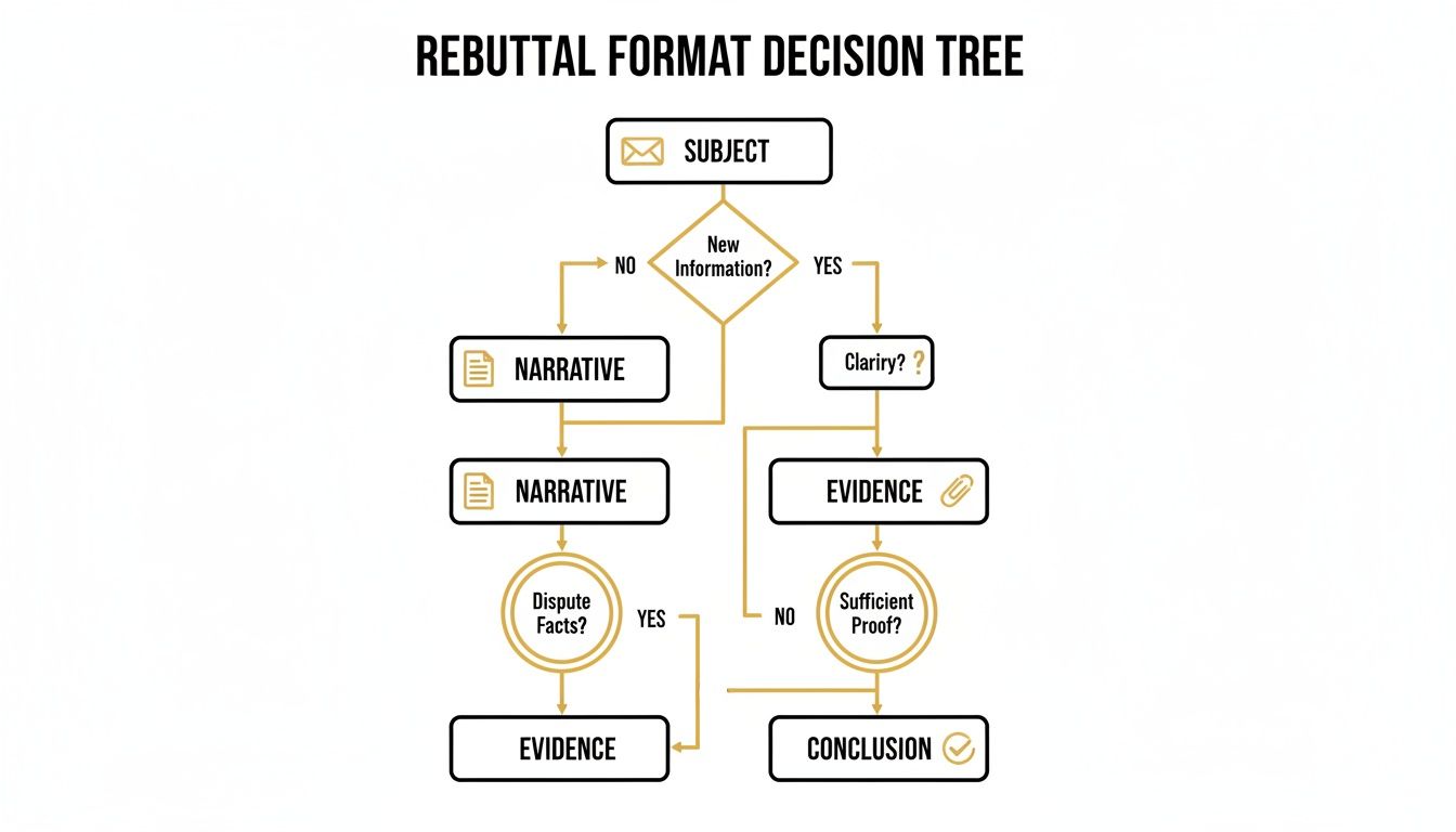 A flowchart detailing a rebuttal format decision tree, guiding users through steps like Subject, Narrative, Evidence, and Conclusion.