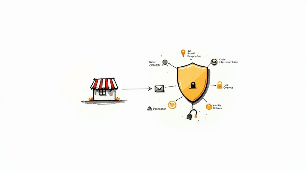 A security diagram illustrating a shop connected to a shield protecting credit, orders, and data.