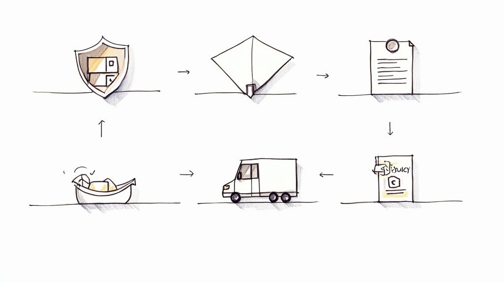 Hand-drawn flowchart illustrating a logistics and documentation process with items like a boat, truck, and shielded goods.