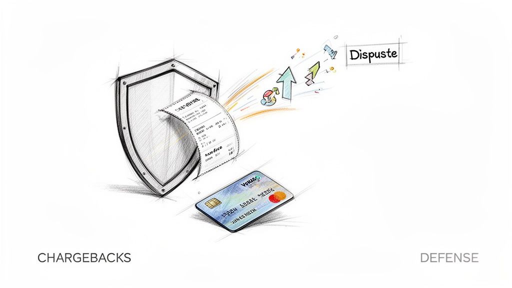 A stylized illustration shows a shield protecting a transaction receipt and credit card from a chargeback dispute.