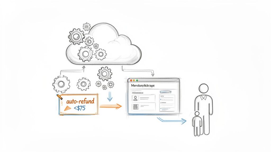 A sketch illustrates an automated refund system: cloud, gears, "auto-refund <$75" rule, web interface, and users.