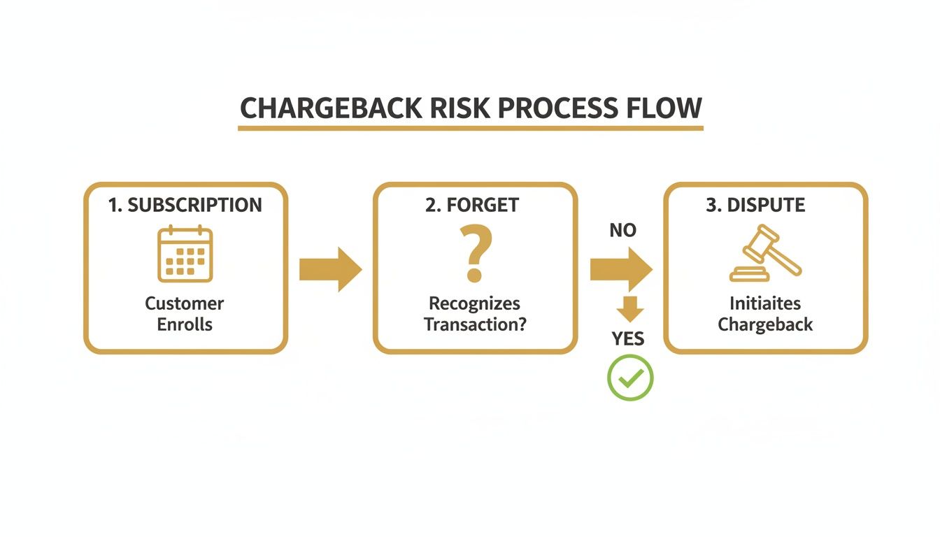 Flowchart illustrating the chargeback risk process, from customer subscription to transaction dispute.