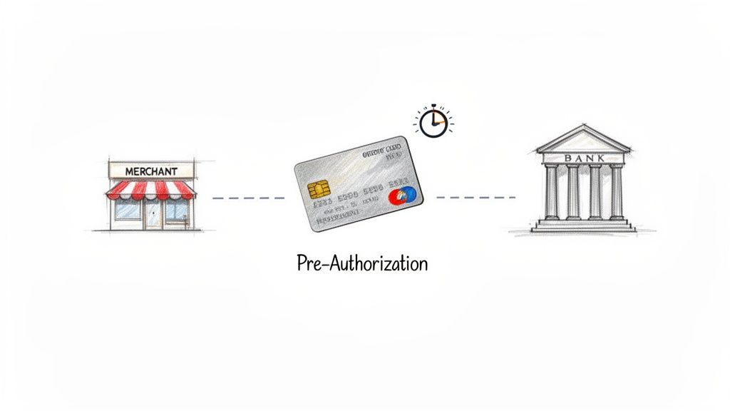 Diagram illustrating a credit card pre-authorization process flow between a merchant, a credit card, and a bank.