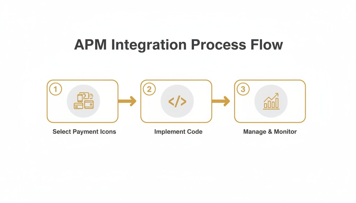 A three-step APM integration process flow with icons for selecting payment methods, implementing code, and managing.