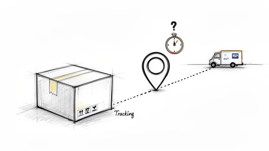 A sketch showing a package, a tracking location pin, a stopwatch with a question mark, and a delivery truck.