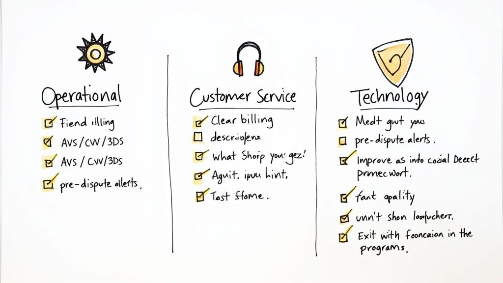 Handwritten checklist with tasks for operational, customer service, and technology, including dispute alerts.