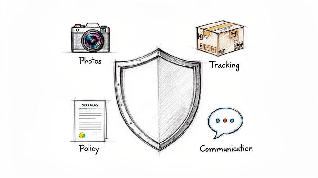 A sketch drawing of a shield surrounded by icons representing photos, tracking, policy, and communication.