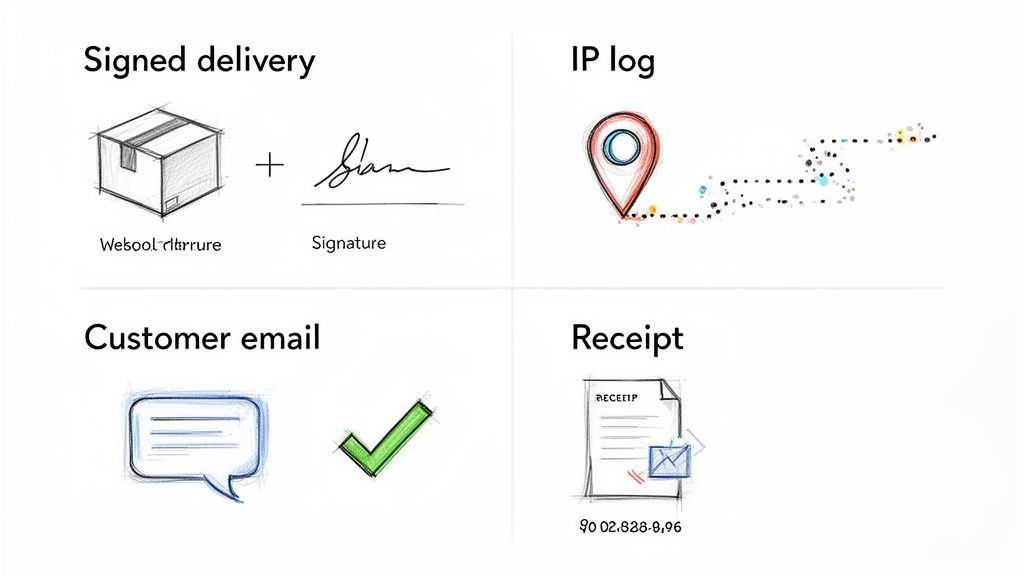 Four sketches illustrate various transaction proofs: signed delivery, IP log, customer email confirmation, and a digital receipt.