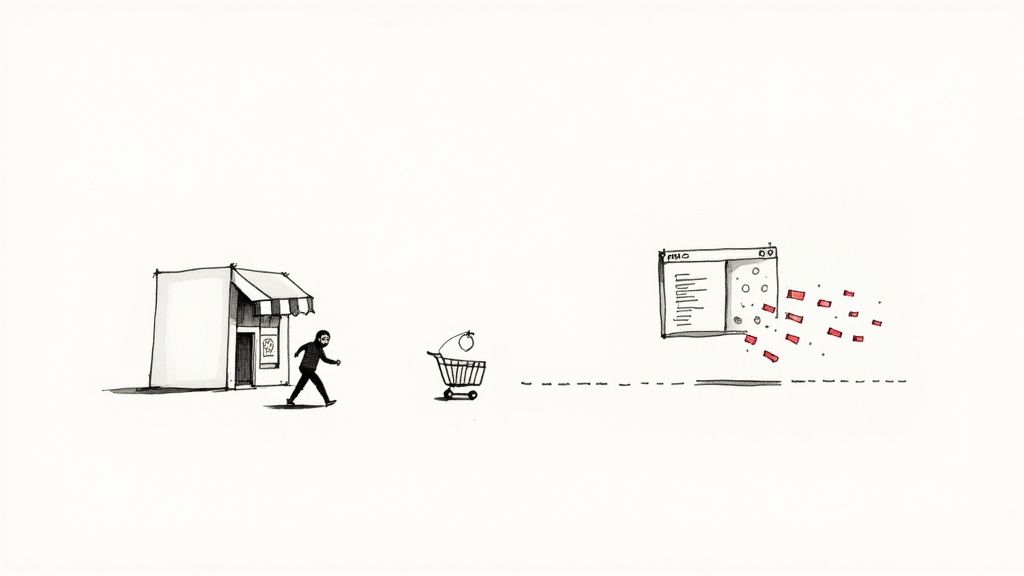 A cartoon depicts a man with a shopping cart moving from a store to an online interface emitting red data.