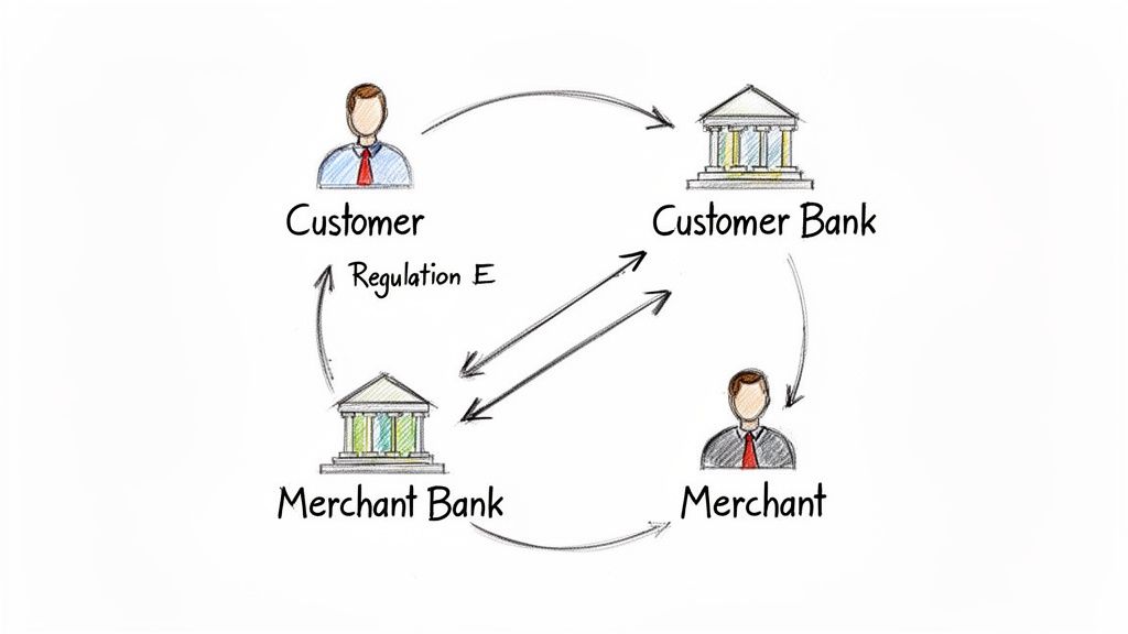 Diagram showing a financial transaction flow between a customer, their bank, a merchant, and their bank, referencing Regulation E.