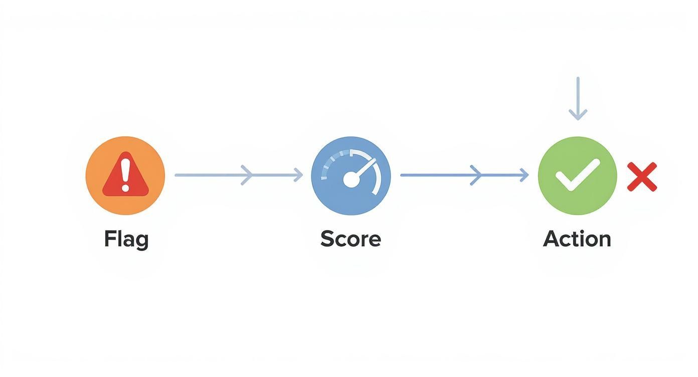 A process diagram illustrating fraud prevention steps: Flag, Score, and Action with approval/rejection outcomes.