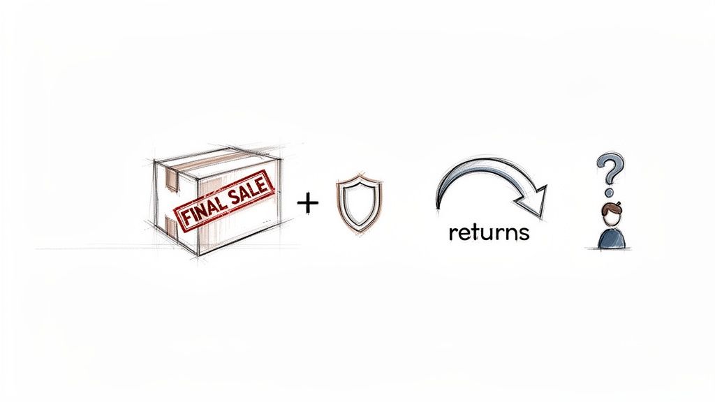 An illustration showing a final sale box, a shield, a returns arrow, and a customer with a question mark.