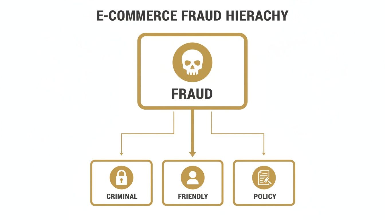 E-commerce fraud hierarchy diagram displaying fraud categories: Criminal, Friendly, and Policy.