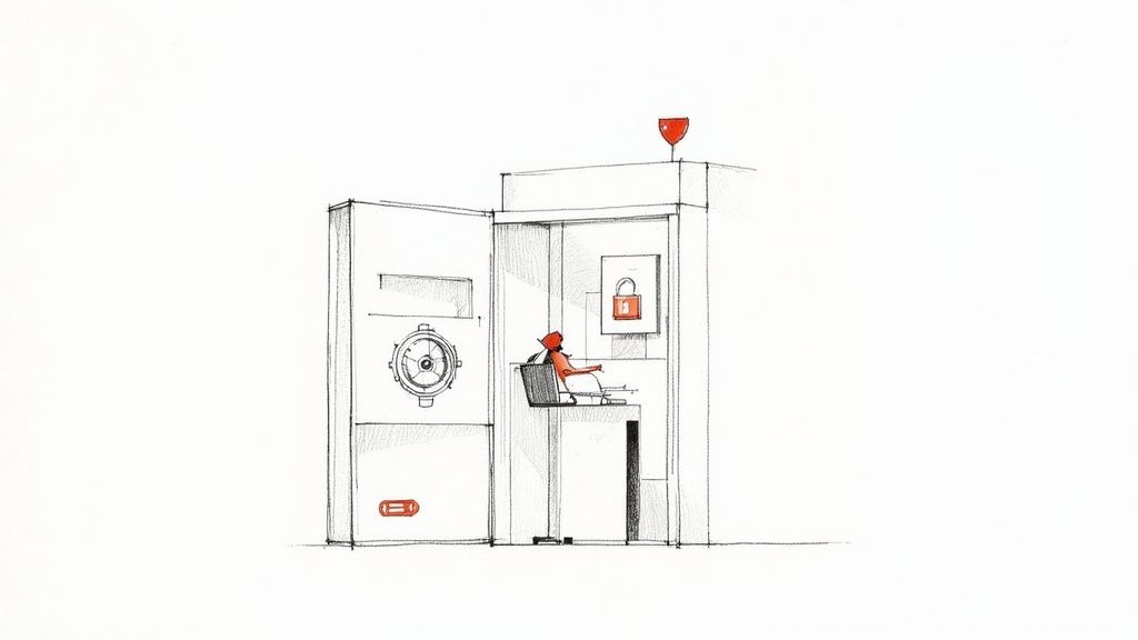 Illustration of a secure server room with a person, vault door, and security padlock.
