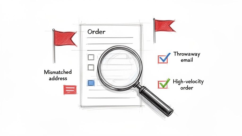 A magnifying glass inspects an order form, highlighting fraud indicators like mismatched address and throwaway email.