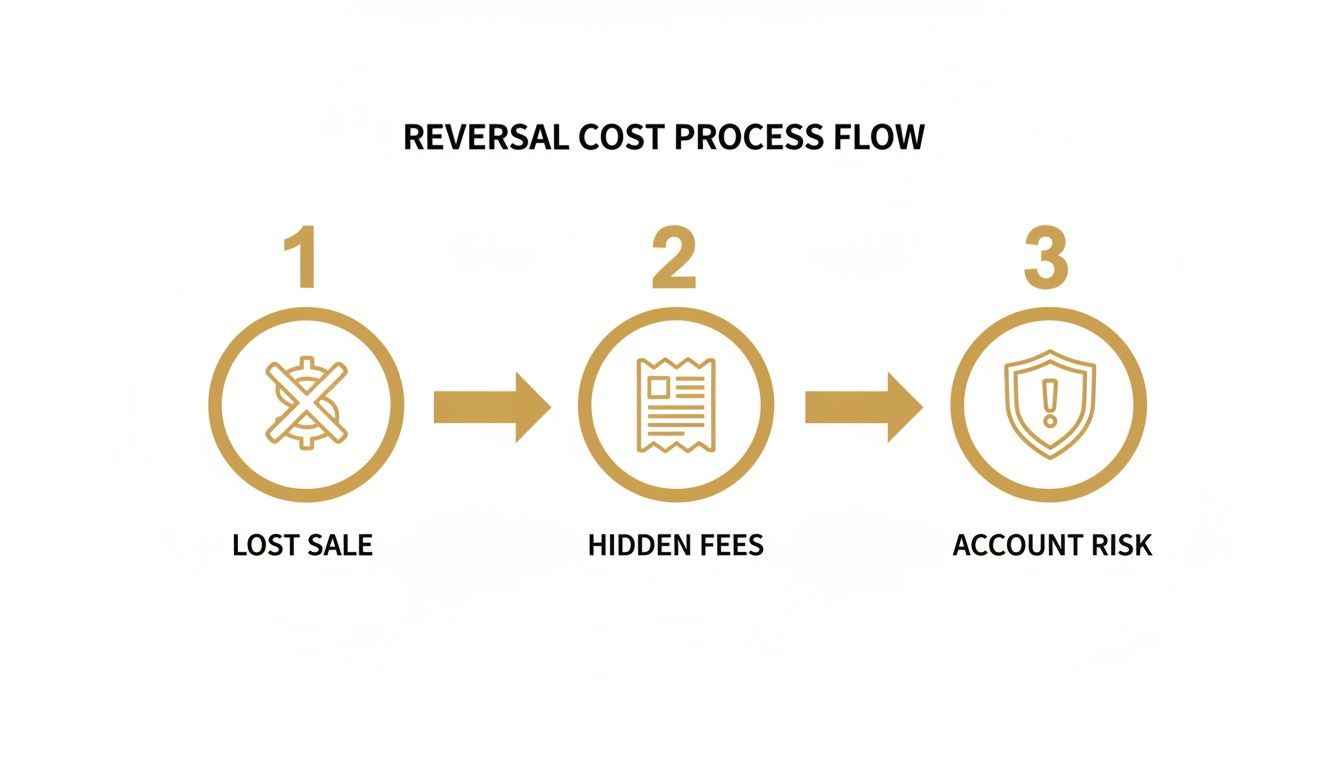 A process flow diagram illustrating the reversal costs: lost sale, hidden fees, and account risk.