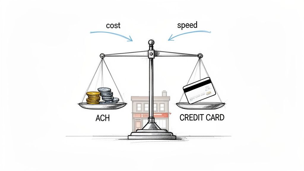 A scale illustrating the trade-off between ACH payments (cost) and credit card payments (speed).