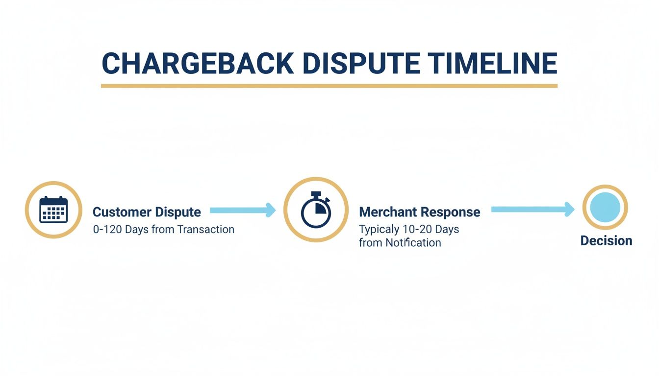 Timeline illustrating the credit card chargeback dispute process, from customer filing to final decision.