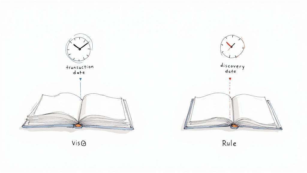Illustration comparing transaction date for Vis with discovery date for Rule, shown with clocks and books.