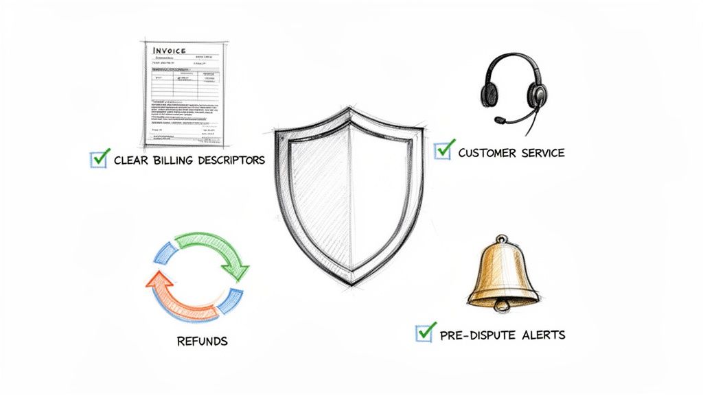 A sketch-style image showing a shield surrounded by icons for clear billing, customer service, refunds, and pre-dispute alerts.