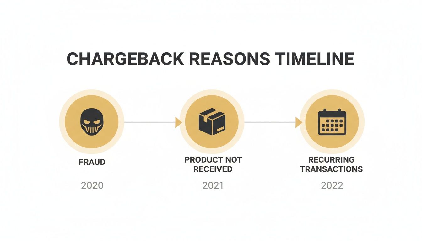 Timeline showing chargeback reasons over years: fraud (2020), product not received (2021), recurring transactions (2022).