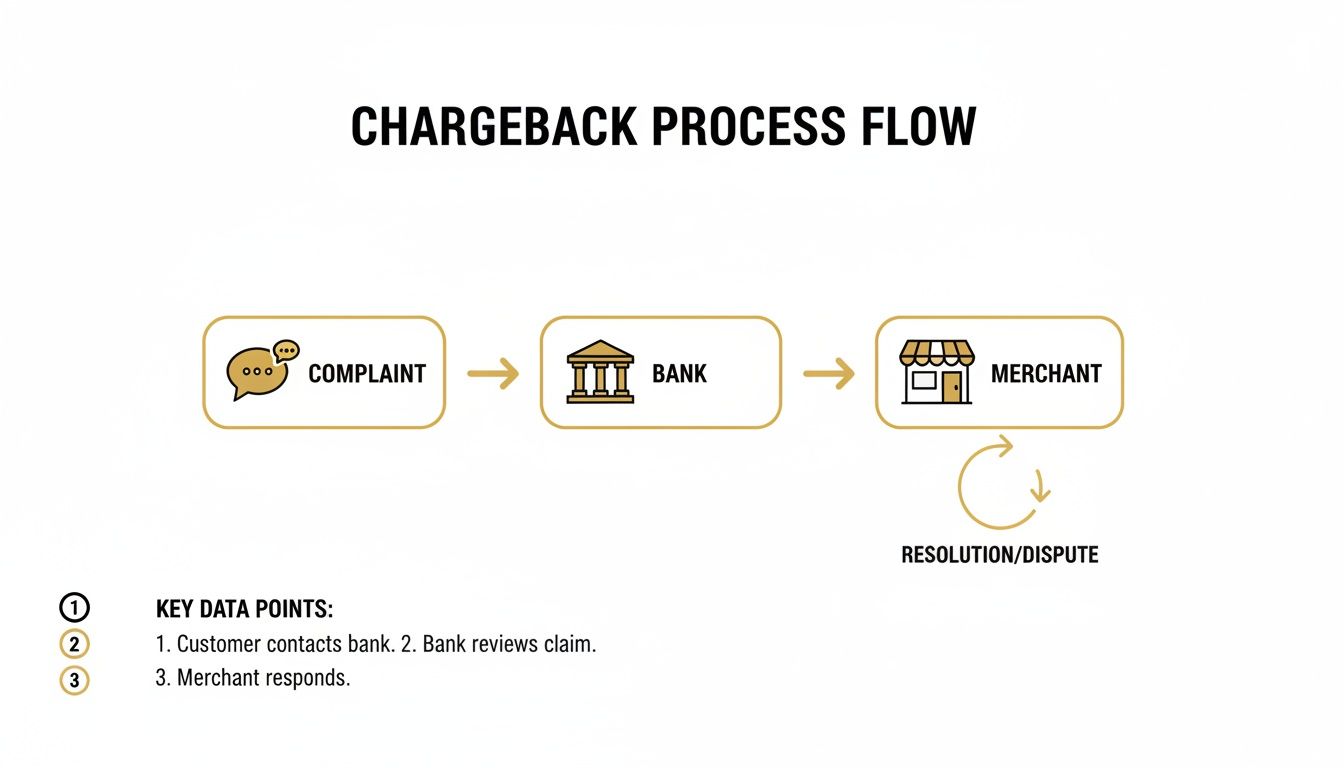 This diagram illustrates the chargeback process flow, detailing steps from customer complaint to bank and merchant resolution.