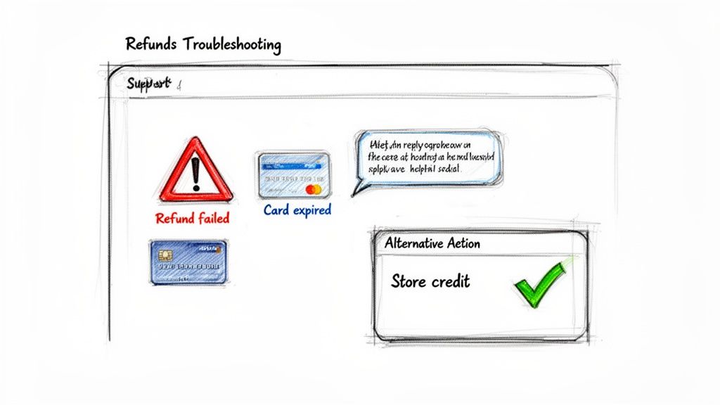 A sketch showing refund troubleshooting options, including failed refund, expired card, and store credit.
