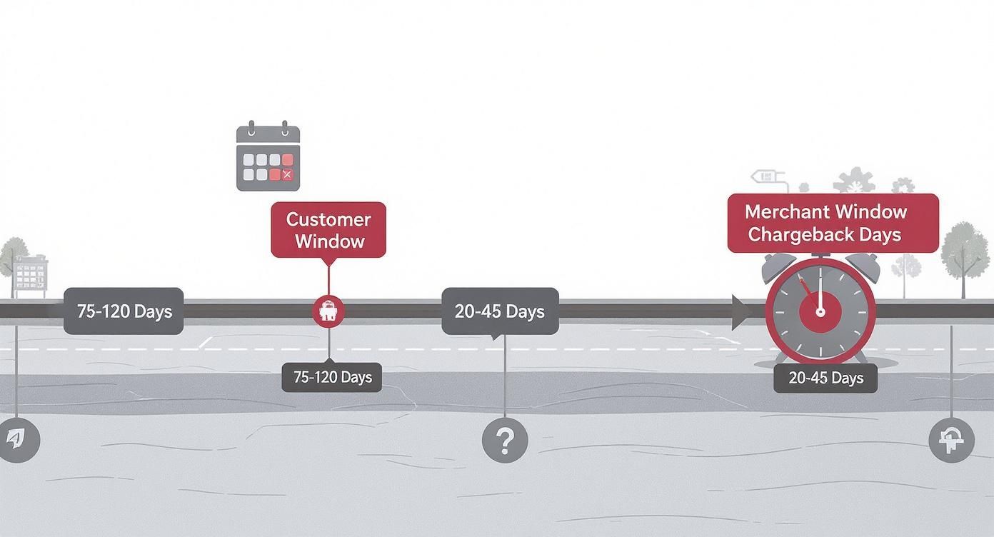 A chargeback timeline showing customer window (75-120 days) and merchant window (20-45 days) for dispute resolution.
