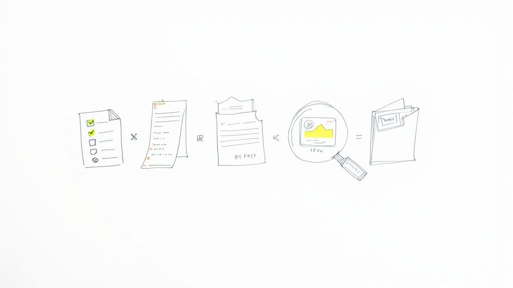 Hand-drawn diagram illustrating a business process from checklists and estimates to ideas and results.