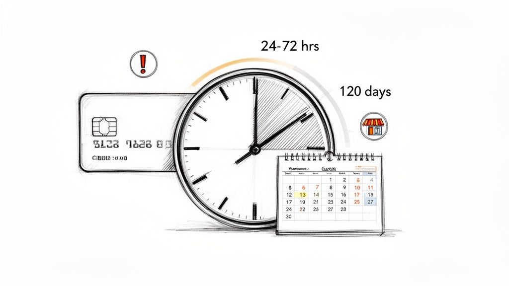 Credit card, clock, and calendar illustrating chargeback time limits and processing stages.