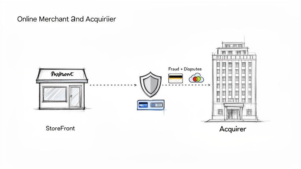Diagram illustrating online merchant payment processing, fraud, disputes, and interaction with an acquirer.