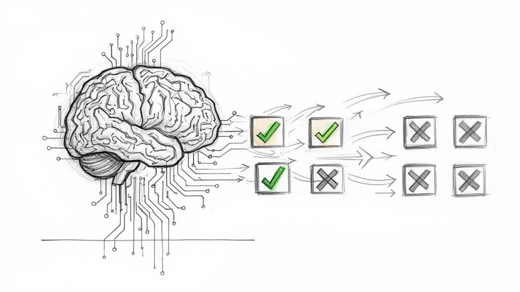 A sketch of a brain connected to circuit lines, processing decisions with green checkmarks and gray cross marks.