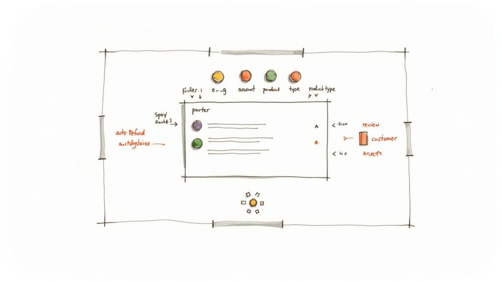 A hand-drawn sketch of a user interface showing filters, a list of items, and a review customer section.