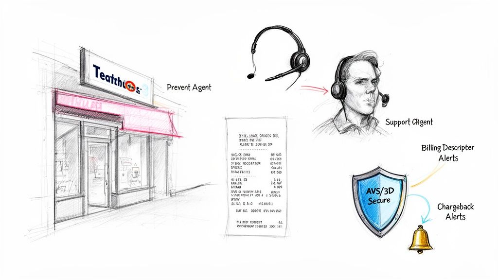 A diagram showing payment fraud prevention, customer support, AVS/3D Secure, and chargeback alerts.